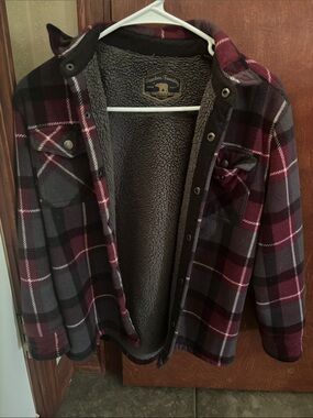 Plaid Sherpa-Lined Kid Jacket - Burgundy & Gray